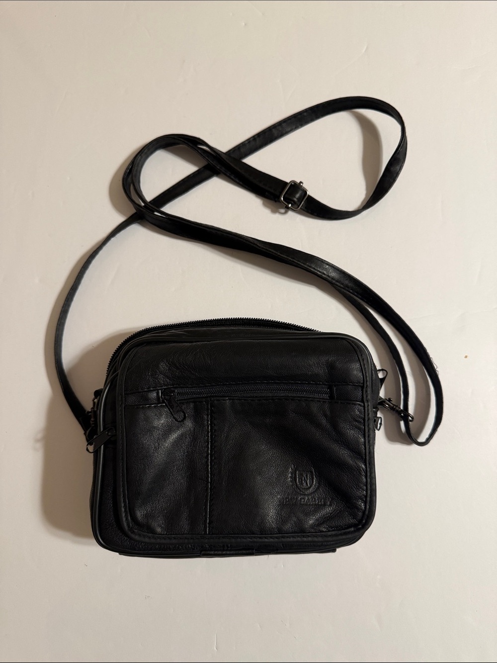 Vintage Black Genuine Leather Crossbody Bag or Fanny Pack with N logo